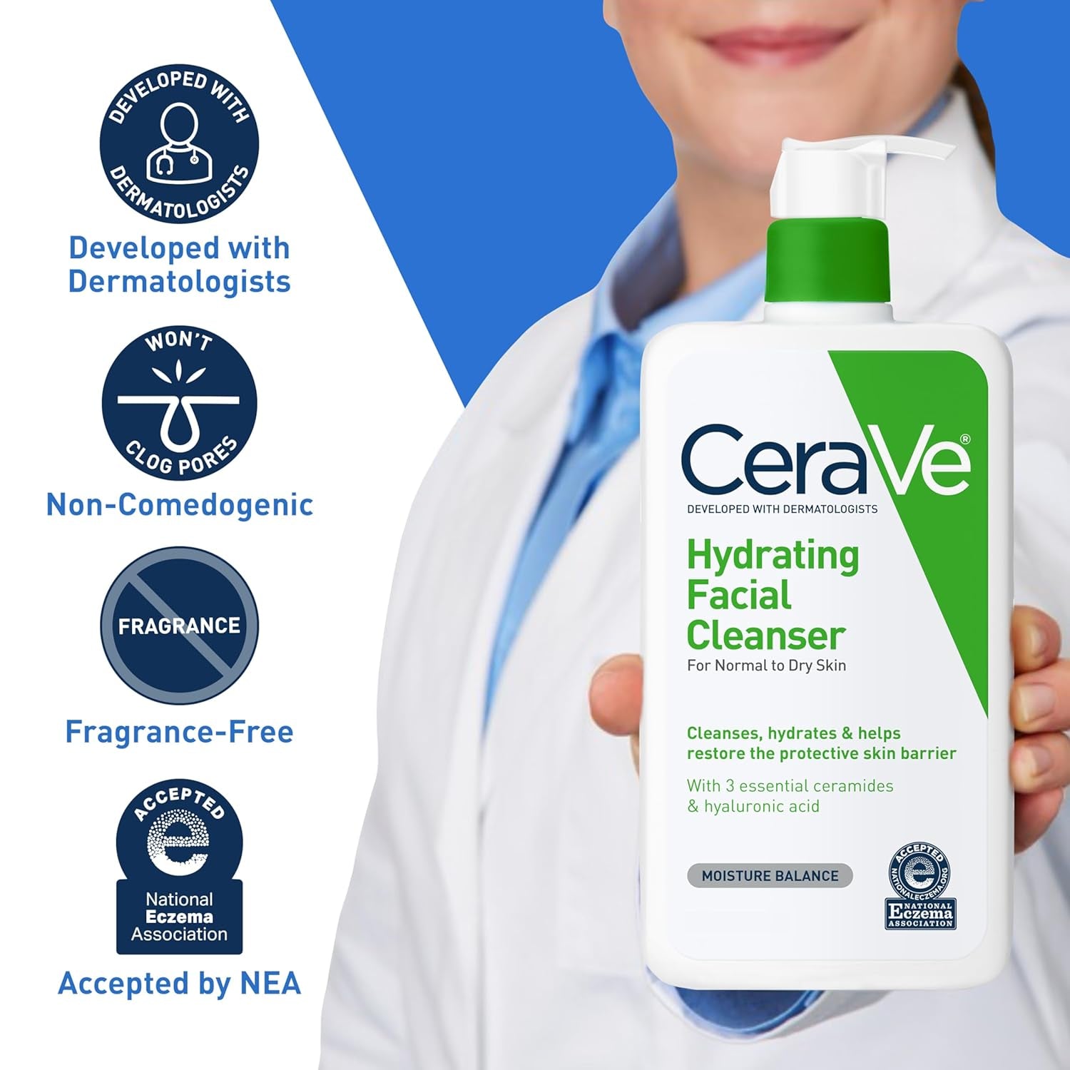 Hydrating Facial Cleanser - Moisturizing Face Wash for Dry Skin with Hyaluronic Acid, Ceramides, and Glycerin, Suitable for Normal to Dry Skin, National Eczema Association Certified